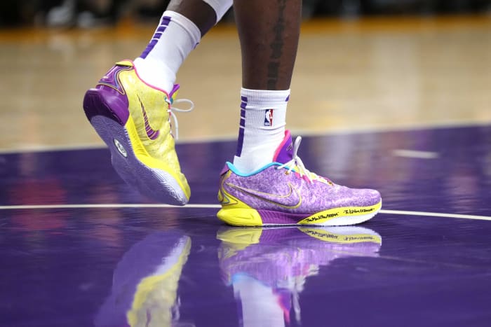 Los Angeles Lakers forward LeBron James' purple and gold Nike sneakers.
